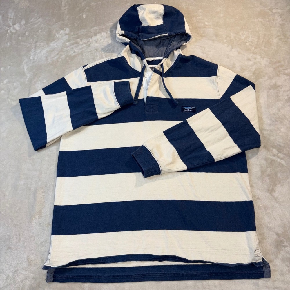 LL Bean Mens Hooded Rugby Shirt Blue White Striped Cotton L-REG 505095
